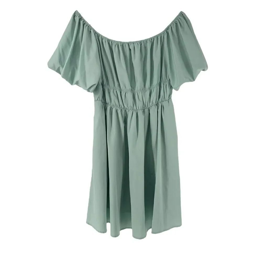 Puff Sleeve Mini Dress A Line Off The Shoulder Green Womens Size L Merokeety